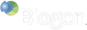 Designing Digitally - Logo of Biogen, featuring a stylized green and blue design with the word "Biogen" in grey lowercase letters, ideal for a Virtual Reality simulations vendor. Designing Digitally -