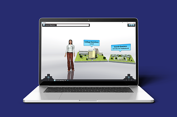 A laptop screen displaying a government training simulation with a person standing in front of a building.