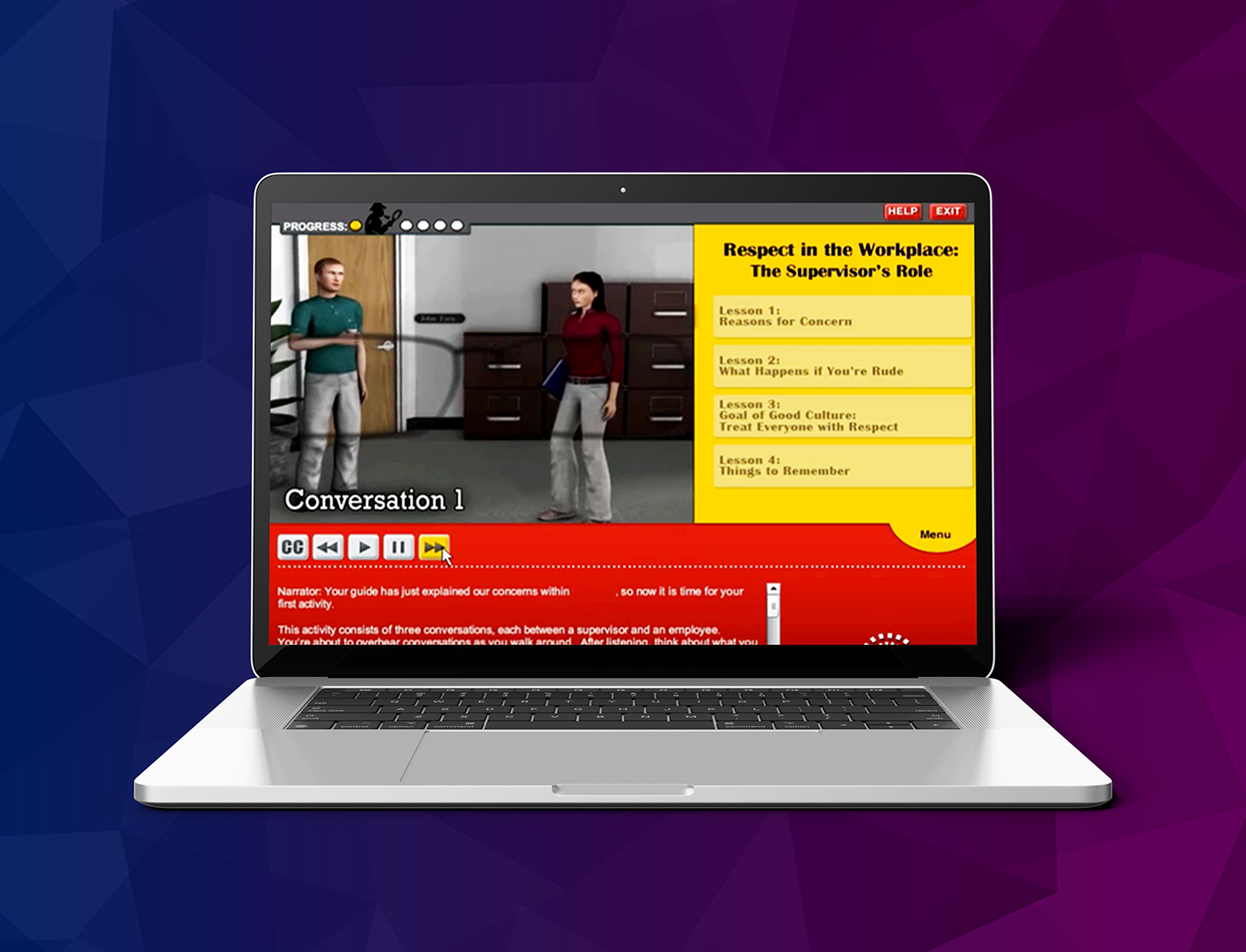 Designing Digitally - A laptop screen displays an online training module titled "Respect in the Workplace: The Supervisor's Role," featuring a conversation between two animated figures and a menu with various lesson topics, promoting a culture of civility within Comcast. Designing Digitally -