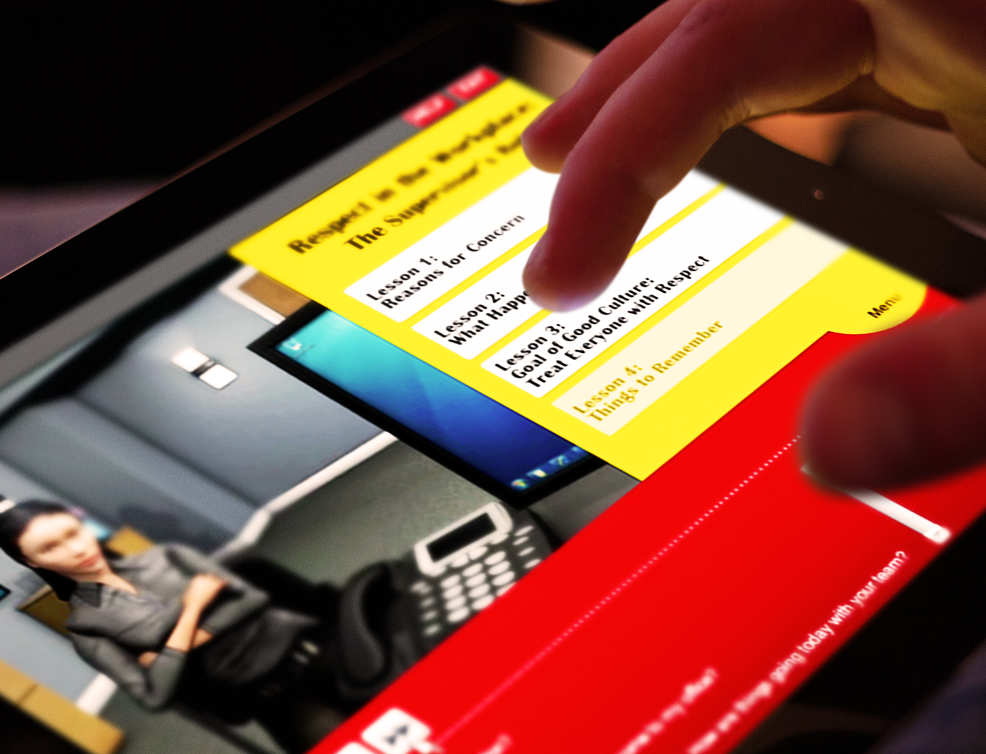 Designing Digitally - A hand touches a tablet screen displaying a course menu on "Respond to the Unspoken: The Real Reasons People Resist." A virtual instructor stands in the background, emphasizing Comcast's commitment to creating a Culture of Civility and Respect. Designing Digitally -