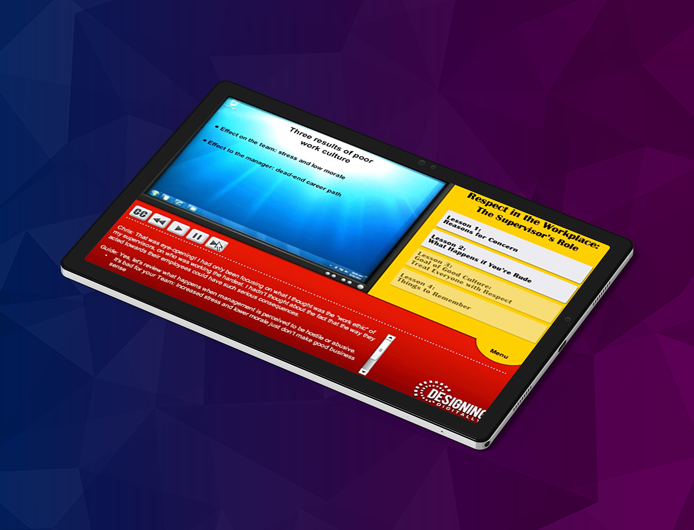Designing Digitally - Tablet displaying a workplace training video titled "Respect in the Workplace: The Supervisor's Role," emphasizing a culture of civility, with various navigation and control buttons visible on the screen. Designing Digitally -