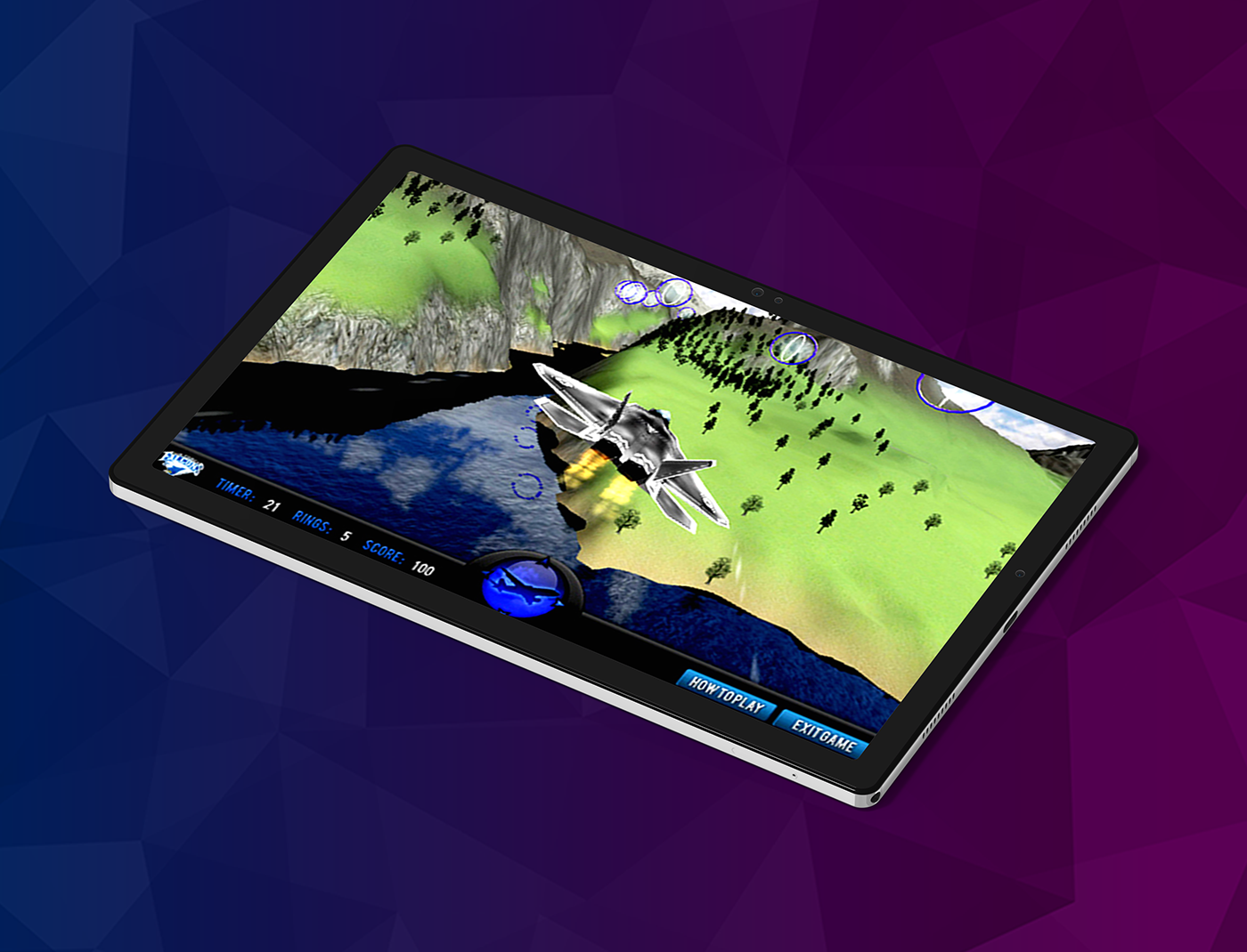 Designing Digitally - Tablet displaying a flight simulation game with a jet flying over a mountainous landscape and a river, showcasing how web games for recruiting online can engage potential candidates. Designing Digitally -