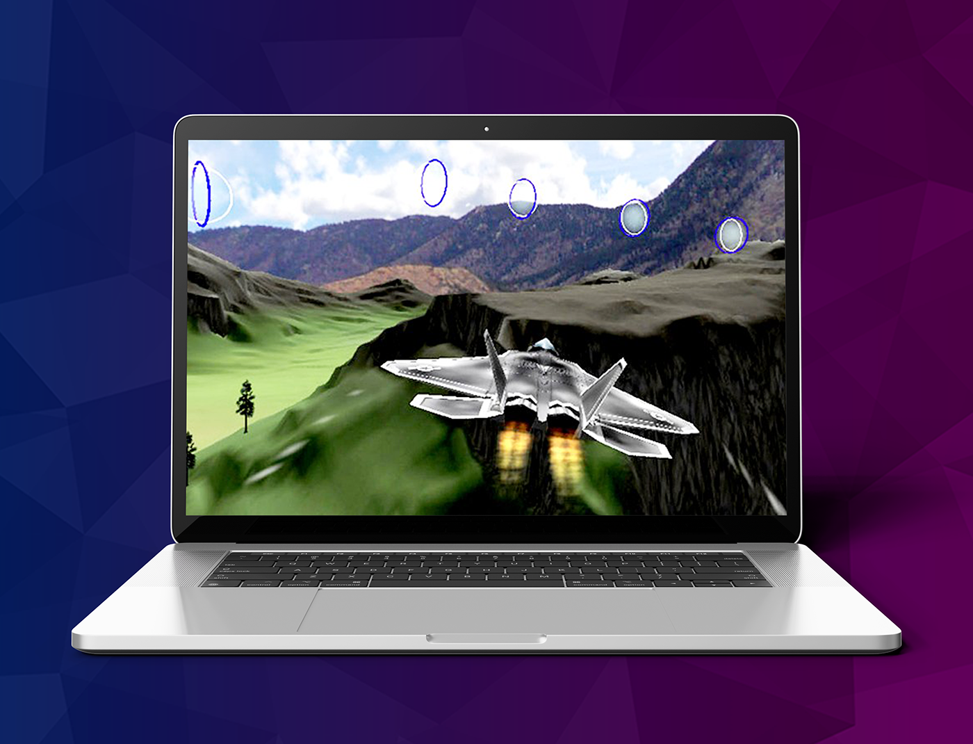 Designing Digitally - A laptop displays a flight simulation game with a jet flying over a mountainous landscape; circles appear in the sky ahead of the jet. This immersive experience showcases how web games for recruiting online can engage potential candidates creatively. Designing Digitally -