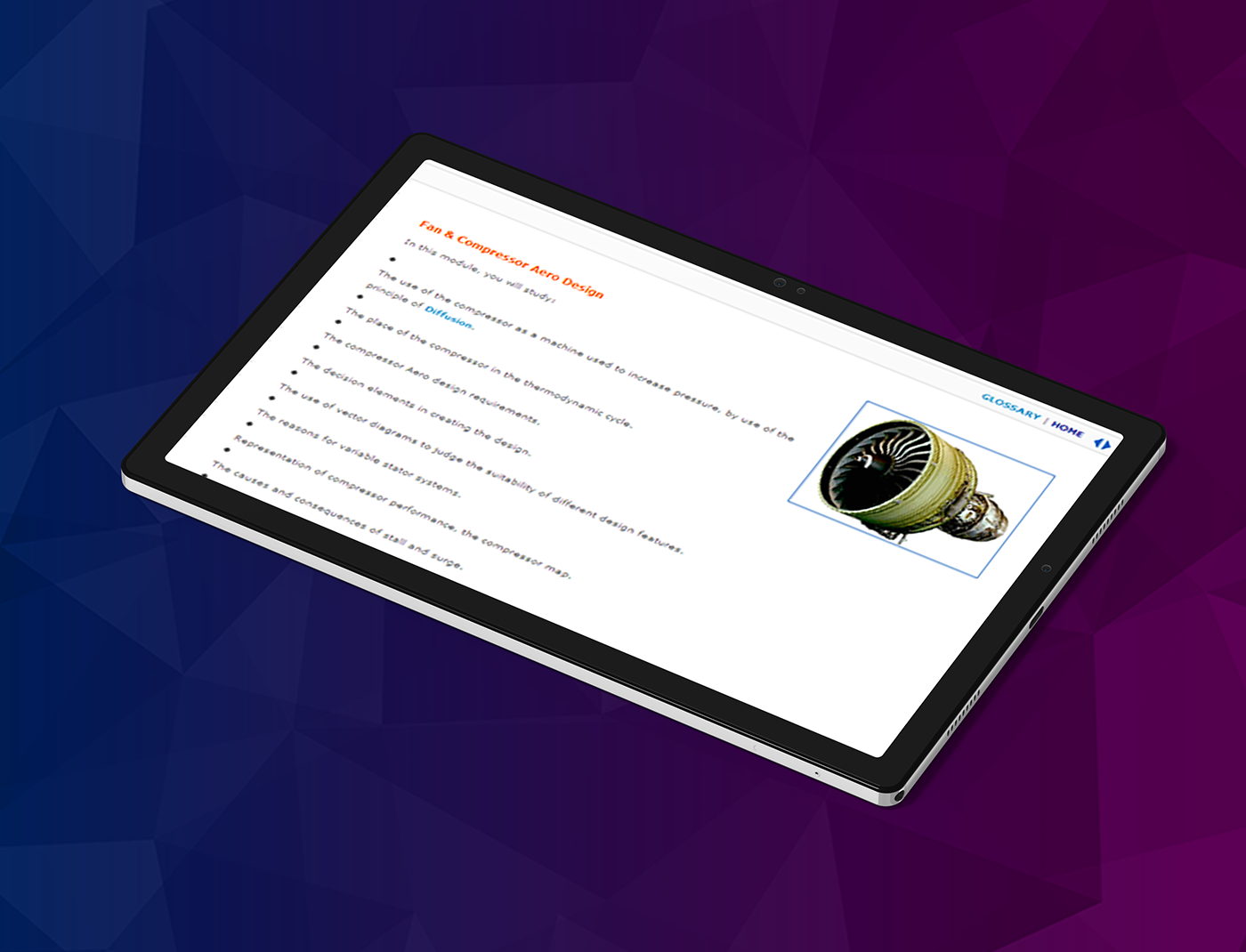 Designing Digitally - A tablet displaying a document with text and an image of a jet engine, set against a gradient blue and purple background, showcases advanced Power Plant Training Solutions. Designing Digitally -