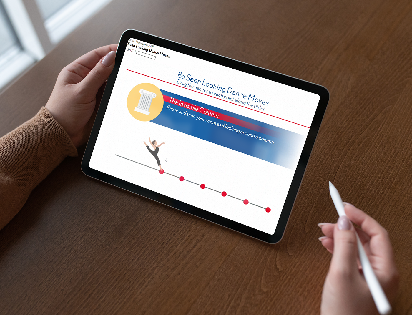 A person engaged in an online training program, gripping an iPad displaying another person onboarding.