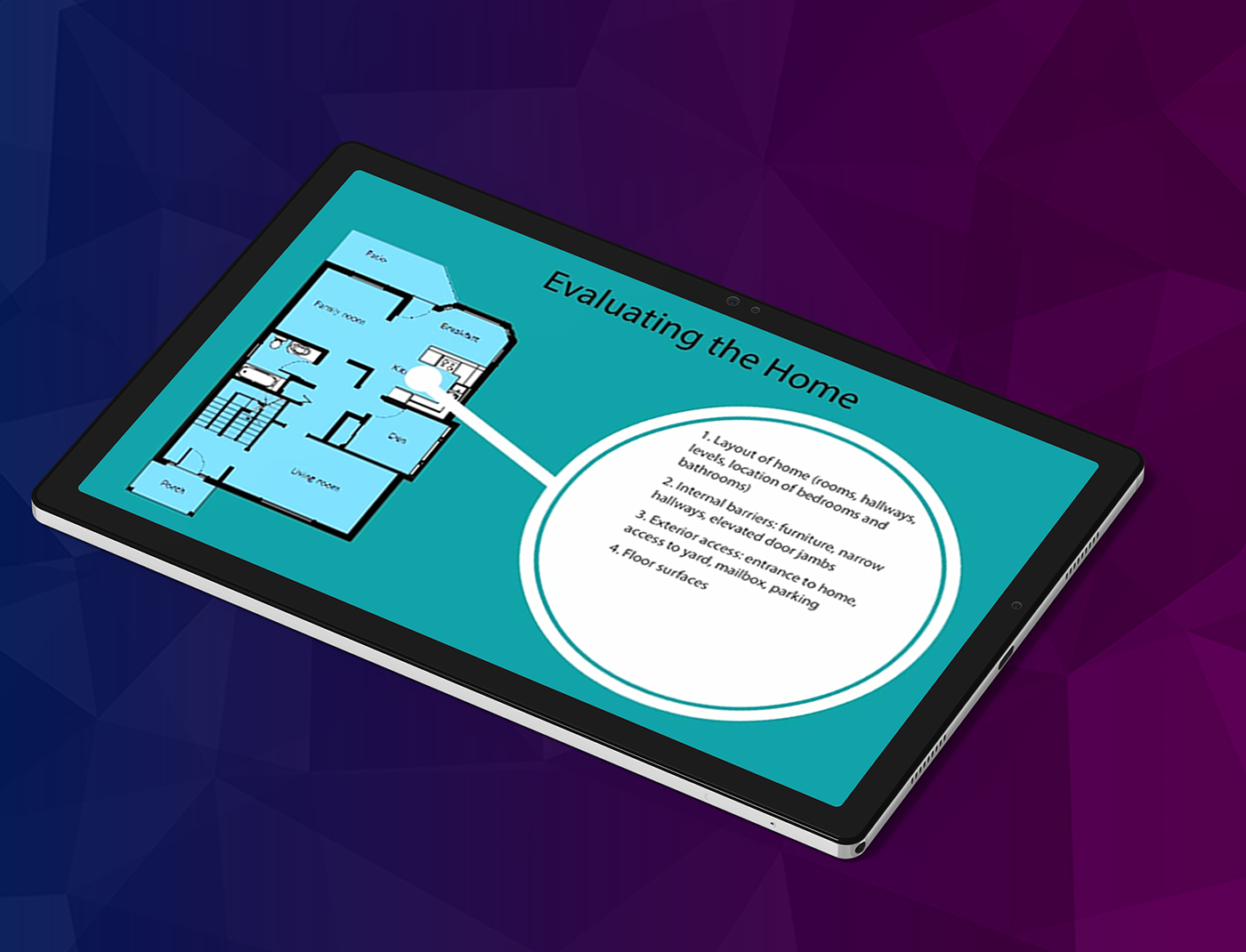 An Occupational Therapy Simulation tablet with a floor plan displayed on a purple background.
