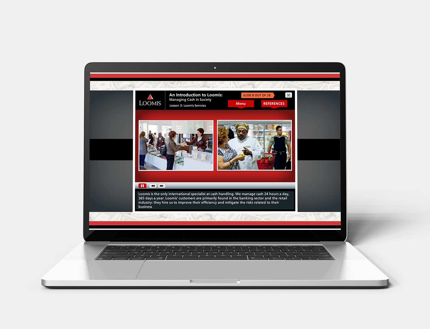 Designing Digitally - A laptop displaying a Loomis webpage with an introduction to cash handling services, featuring images of employees handling cash and details about their operations from a Custom Learning Management System vendor. Designing Digitally -