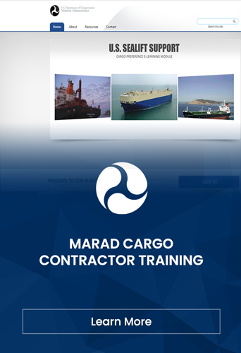 Designing Digitally - Website homepage of an eLearning vendor specializing in cargo shipment training, displaying a logo, navigation menu, and images of ships and shipping containers. Designing Digitally -