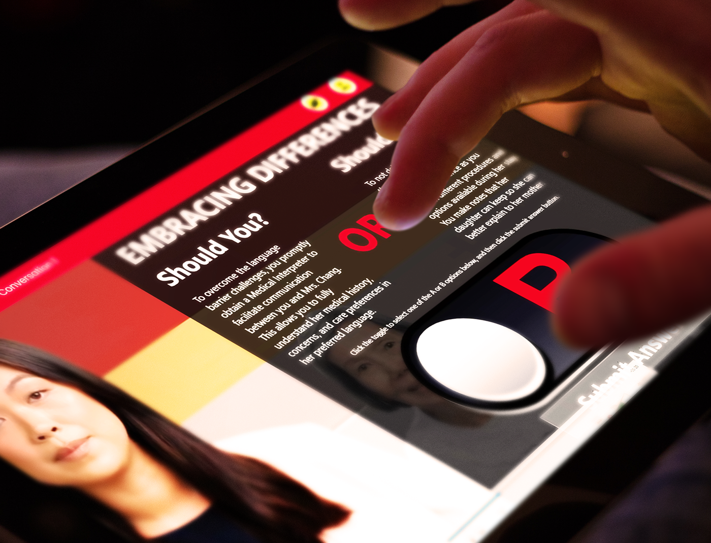 A person using an iPad to read a magazine as part of their empathy training program.