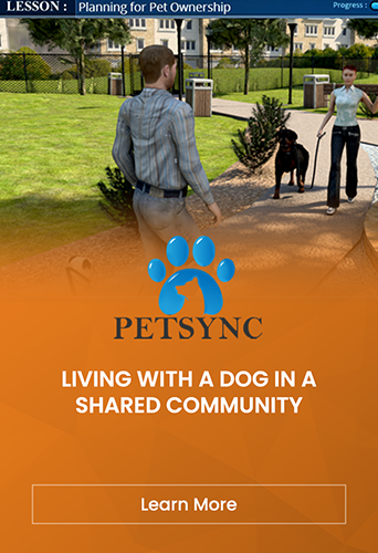 Designing Digitally - A person walks a dog in a park while another person with a dog approaches. Text: "Living with a Dog in a Shared Community" and "Learn More about PetSync Training Simulations." PETSYNC logo above the text. Designing Digitally -