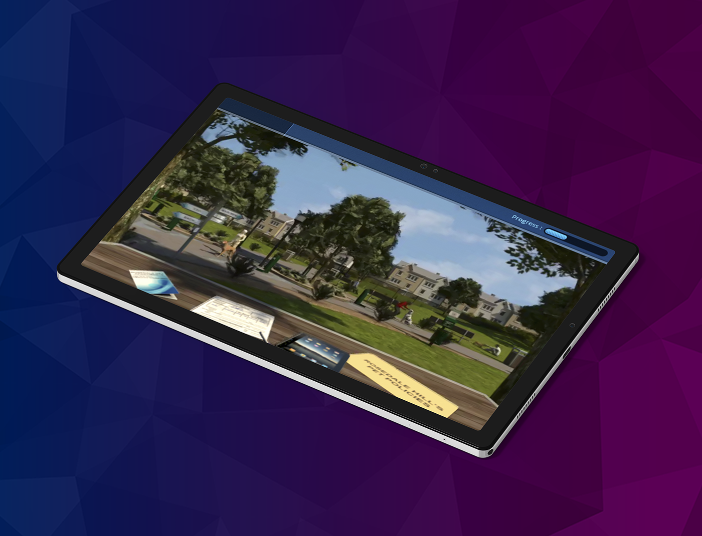 Designing Digitally - A digital tablet displaying an outdoor scene with trees and buildings. Objects, including papers and a card, are visible on a wooden surface in the foreground. The background is a blue and purple gradient, hinting at pet ownership training simulations running in the image. Designing Digitally -