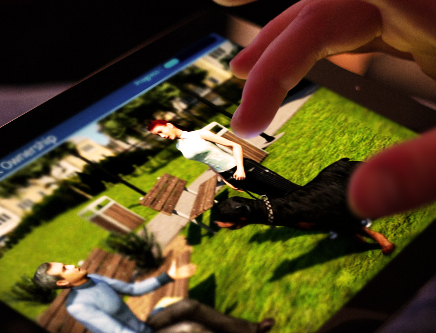 Designing Digitally - A person interacts with a tablet displaying a virtual park scene, featuring animated figures of a man and woman having a conversation with a dog nearby, highlighting elements of pet ownership training simulations. Designing Digitally -