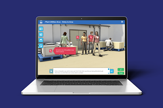 A laptop screen showing a group of people in a warehouse.