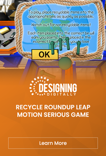 Designing Digitally - Screenshot of the "Recycle Roundup Leap Motion Serious Game" by Designing Digitally. Instructions for sorting recyclables are shown, emphasizing quick and accurate placement of items for effective Employee Training. Designing Digitally -