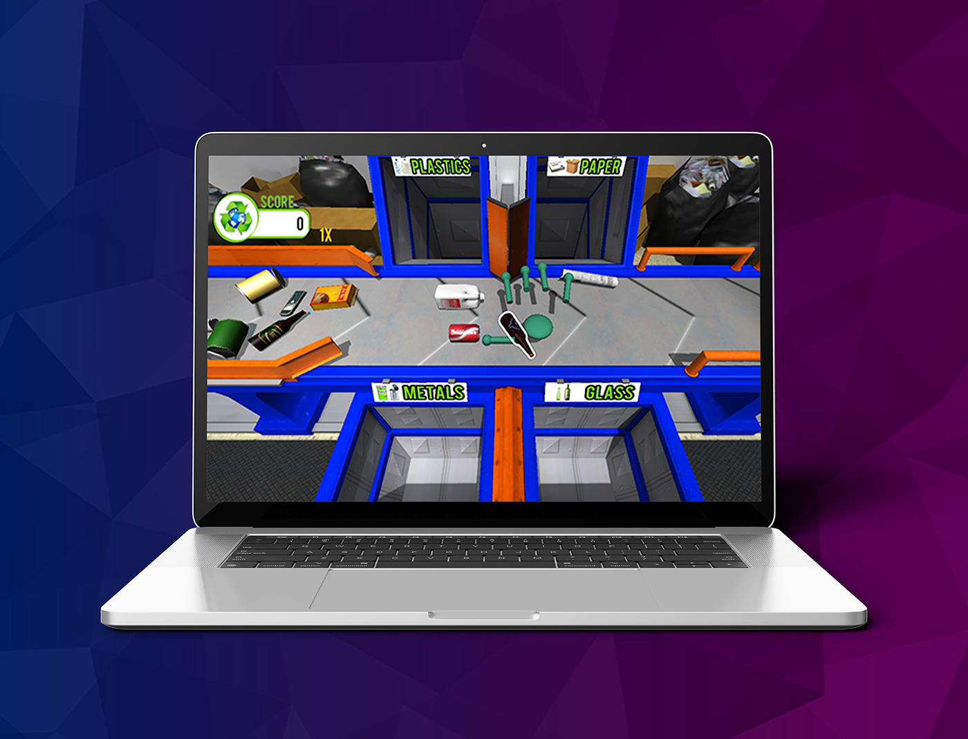 Designing Digitally - A laptop displaying a recycling sorting game screen with categories for plastics, paper, metals, and glass. Various items are shown on a conveyor belt for sorting, perfect for supply chain training games for employees. Designing Digitally -