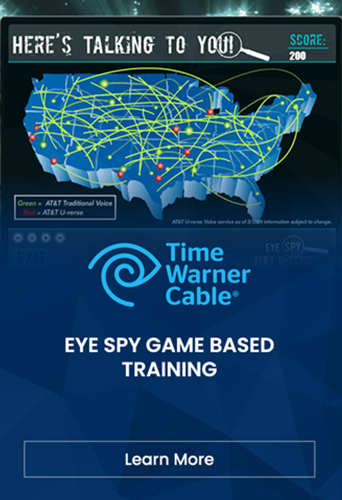 Designing Digitally - A screenshot of a Time Warner Cable advertisement for the "Eye Spy Game Based Training," featuring a map of the United States with interconnected lines, the company logo, and a "Learn More" button showcases their innovative product services. Designing Digitally -