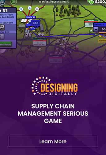 Designing Digitally - Screenshot of a supply chain management simulation game by Designing Digitally, featuring an in-game map with delivery routes and game statistics. Text reads "SUPPLY CHAIN MANAGEMENT SERIOUS GAME" – an engaging tool for Games For Employees to enhance their Supply Chain skills. Designing Digitally -