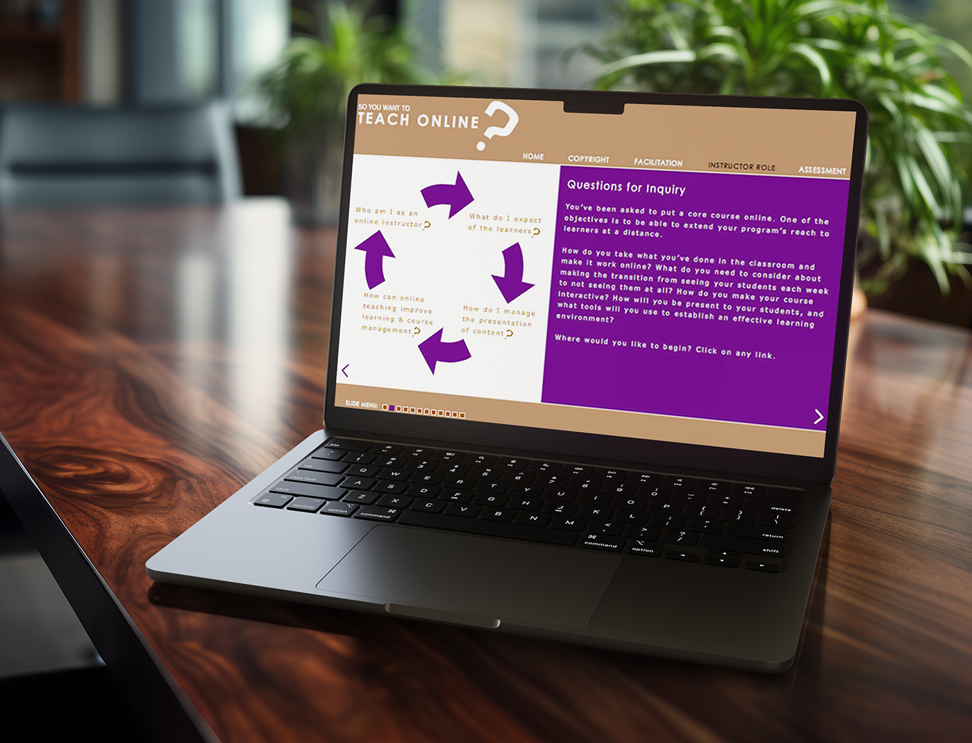 Designing Digitally - A laptop displaying an online teaching course platform with text and diagrams about course design and student engagement questions. The screen shows navigation tabs and inquiry prompts, making it easy to teach online courses seamlessly. Designing Digitally -