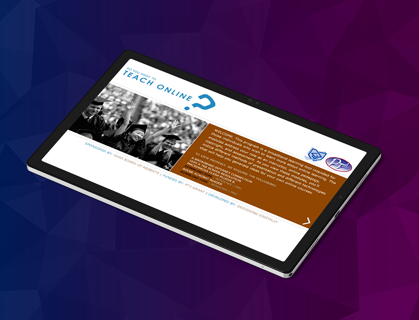 Designing Digitally - A tablet displays a promotional webpage for an online teaching program with the headline "Teach Online Courses" and an image of a graduation ceremony. Designing Digitally -