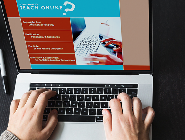 Designing Digitally - Hands typing on a laptop keyboard displaying a webpage about online teaching topics, including copyright, facilitation, instructor roles, and evaluation in an online learning environment. Discover essential insights to teach online effectively. Designing Digitally -