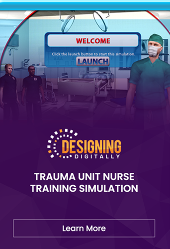 Designing Digitally - Cover image for a trauma unit nurse training simulation by Designing Digitally, featuring a welcome screen and a virtual hospital room with medical staff, perfect for Emergency Room Nurse Training Simulations. Designing Digitally -