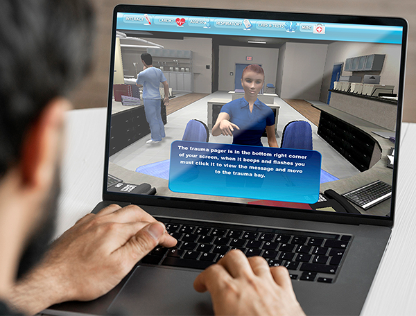 Designing Digitally - A person playing a medical training simulation on a laptop, illustrating a virtual hospital environment with avatars and an instructional message on the screen, simulates real-life scenarios for an emergency room nurse. Designing Digitally -
