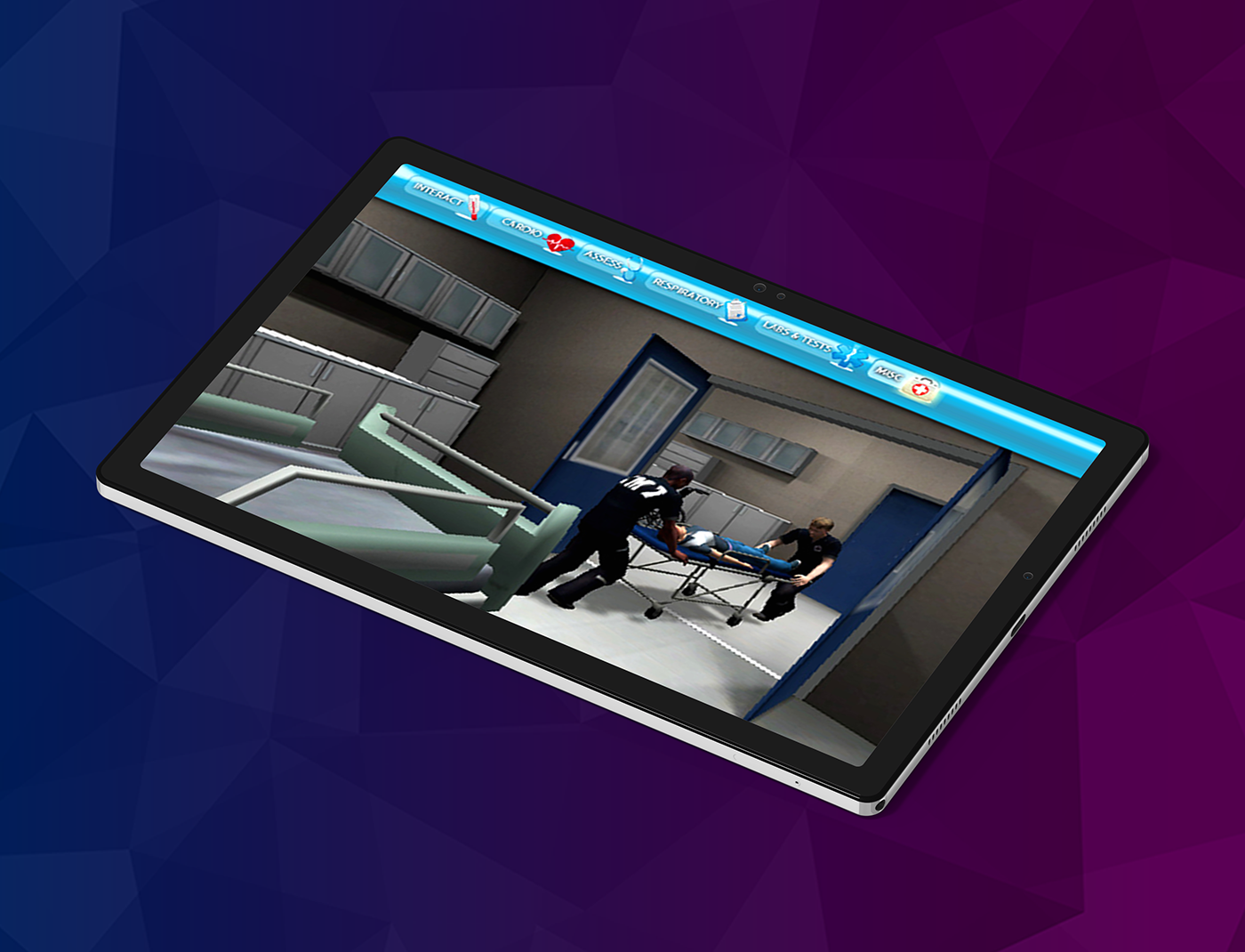 Designing Digitally - A tablet displays a 3D medical simulation game featuring characters interacting in a hospital setting, highlighting the critical role of an Emergency Room Nurse. Designing Digitally -