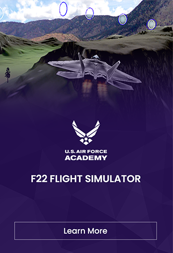 Designing Digitally - Poster for U.S. Air Force Academy's F22 Simulator featuring a jet flying over a mountainous terrain, with a "Learn More" button at the bottom. Designing Digitally -