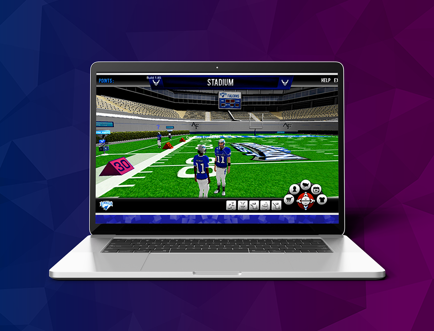 A laptop screen showing a football game in a Web Based Metaverse.