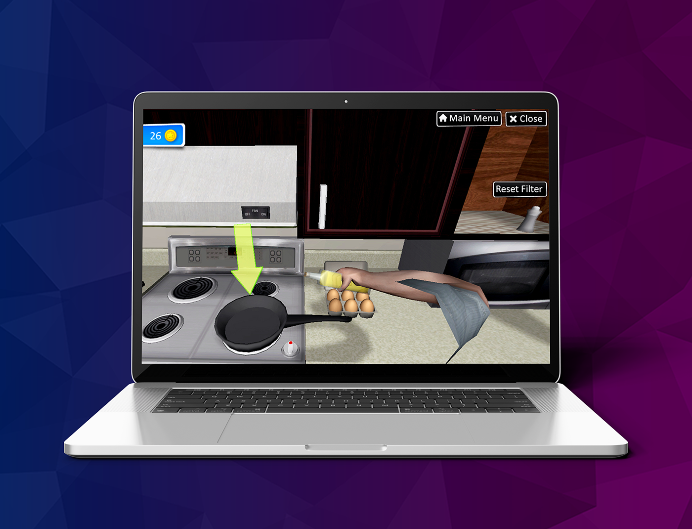 A laptop with an occupational therapy simulation game.