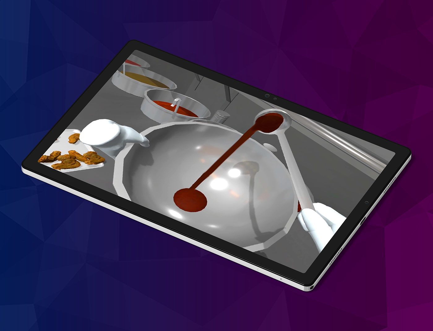 Designing Digitally - A tablet displaying a cooking simulation with a virtual pot being filled with a brown sauce, nearby are dishes with other ingredients. This Food Preparation Training tool offers an immersive experience akin to Wingstop's meticulous kitchen practices. Designing Digitally -