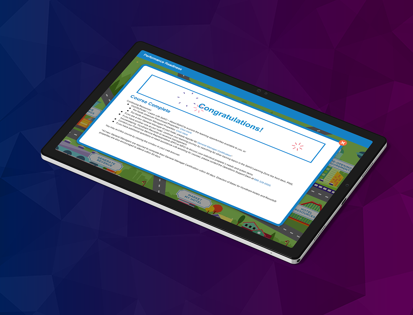 A tablet computer with a blue screen and a purple background.