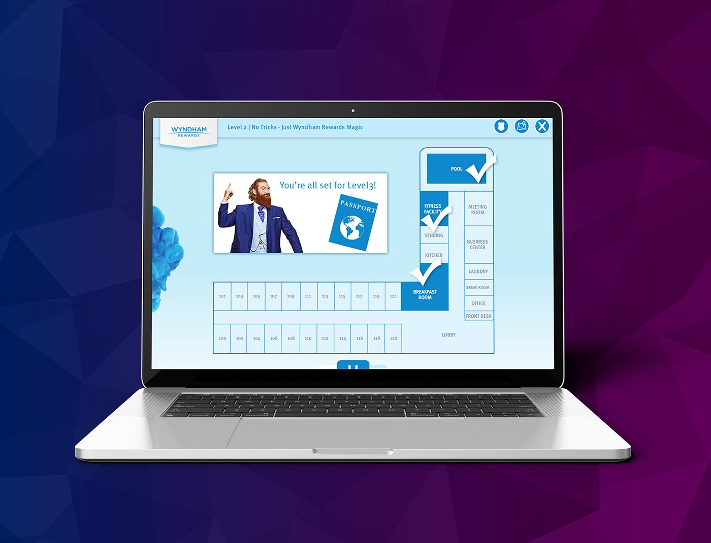 Designing Digitally - A laptop screen displaying a web page with an eLearning vendor's motivational rewards program interface, showing a congratulatory message and progress badges for levels achieved. Designing Digitally -