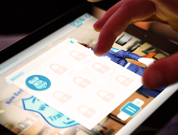 Designing Digitally - A person interacts with a digital screen showing locked badges, indicating achievements yet to be unlocked in the Customer Rewards Training Program for Wyndham Hotels. Designing Digitally -