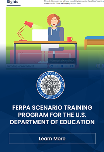 Designing Digitally - A graphic for the FERPA Online Training Program by the U.S. Department of Education shows a person at a desk on a computer with a banner and "Learn More" button below. Designing Digitally -