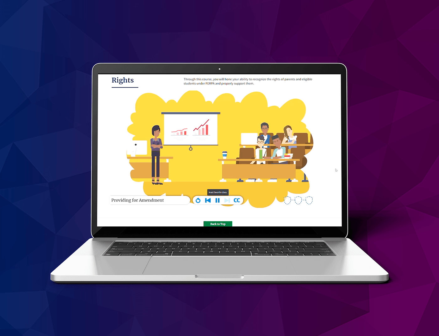 Designing Digitally - A laptop screen displays an educational webpage featuring illustrations of a person presenting graphs to a group around a table. Bright yellow and blue hues are prominently used, enhancing the engaging design of the Occupational Therapy Simulations content. Designing Digitally -