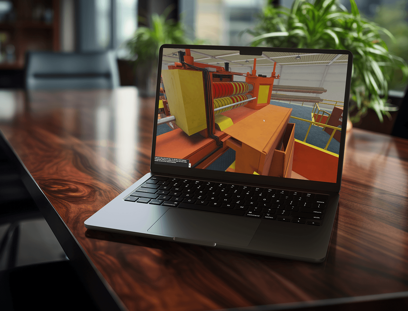 Designing Digitally - A laptop displaying Steel Manufacturing Training Simulations graphically represented is placed on a wooden conference table with plants in the background. Designing Digitally -