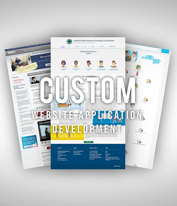 Designing Digitally - Three web pages are displayed side by side, showcasing examples of custom website application development. The central page emphasizes a student data privacy learning curriculum, while the others highlight interactive features of learning web portals. Designing Digitally -